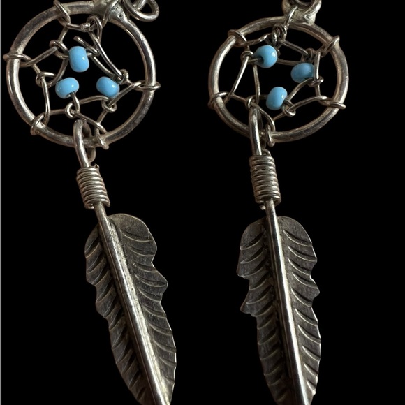 VTG 925 Sterling Silver Faux Turquoise Dream Catcher Feather Dangle Drop Earring - Picture 6 of 6